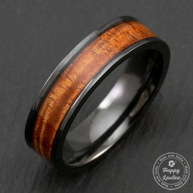 Black Zirconium 6mm Ring with Hawaiian Koa Wood Inlay - Flat Shape, Co