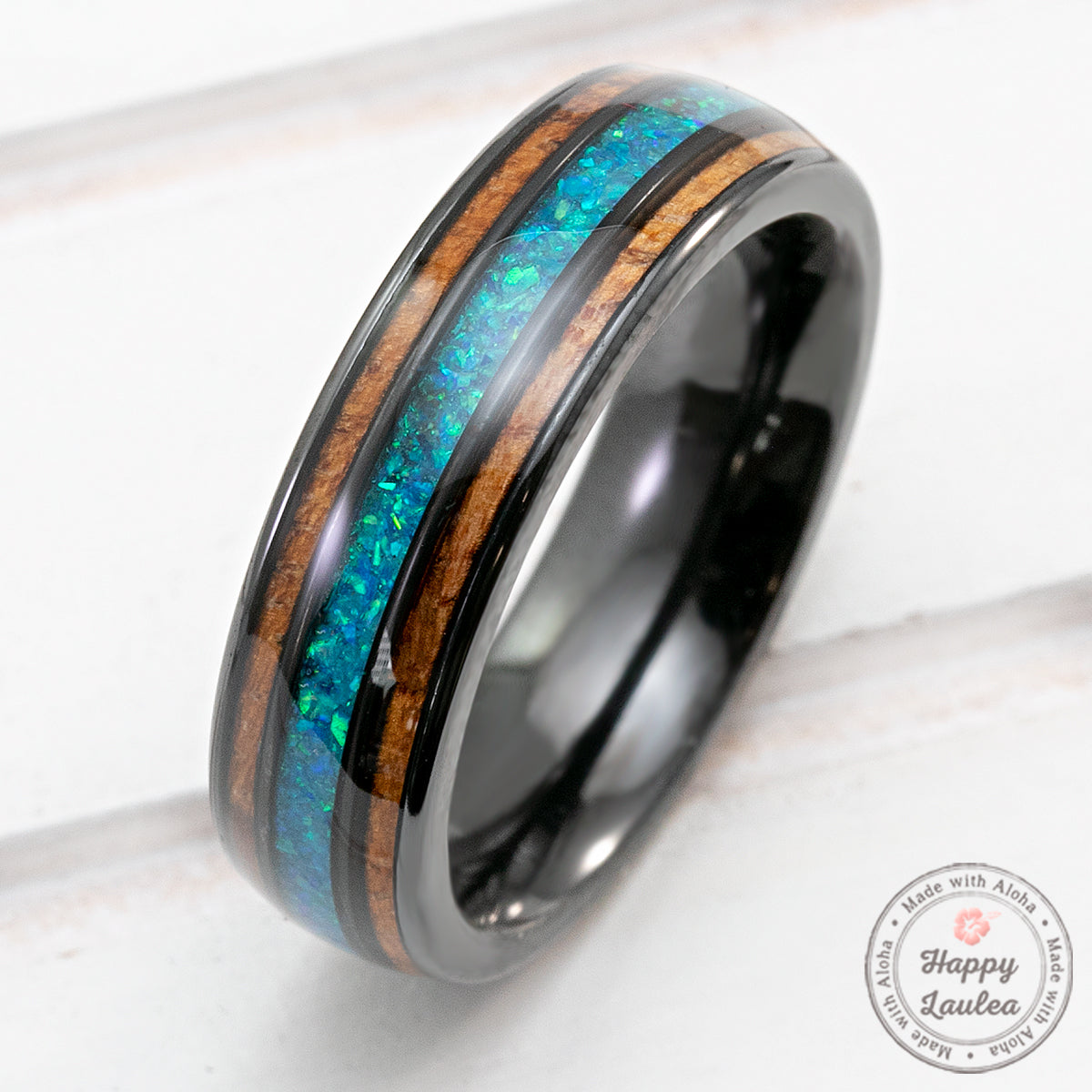 Pair of 6&8mm Zirconium Rings with Azure Blue Opal and Hawaiian Koa Wood Tri-Inlay - Dome Shape, Comfort Fitment