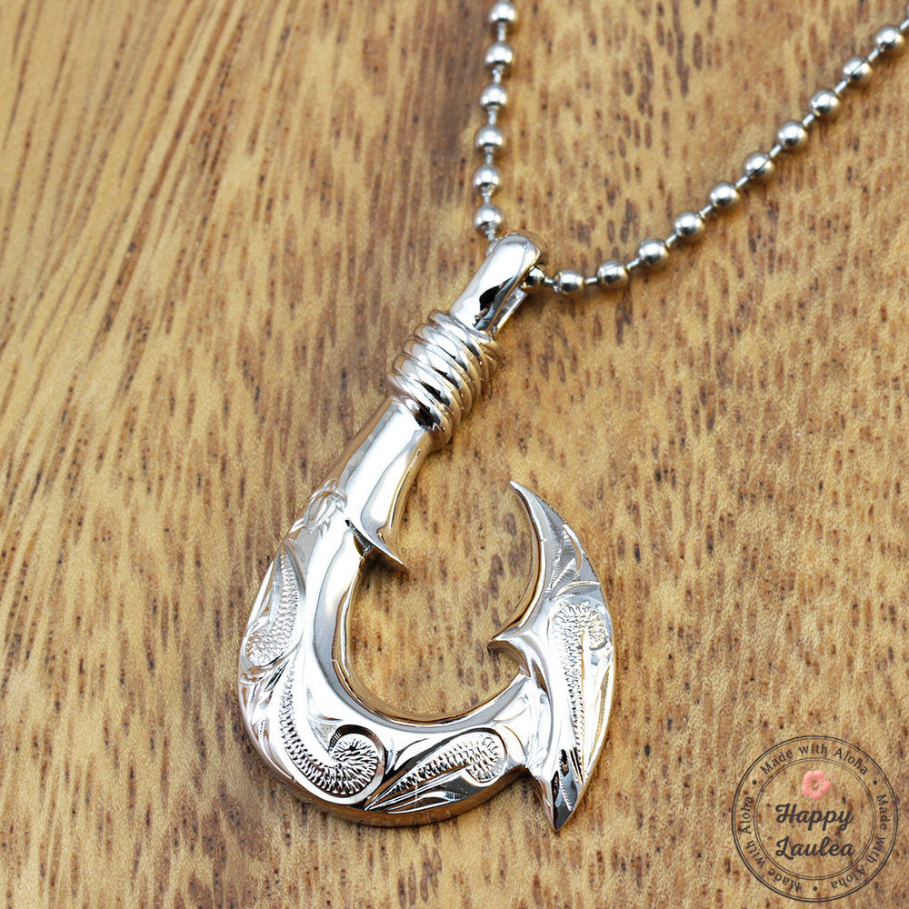 Sterling Silver Fish Hook Pendant Hand Engraved with Hawaiian Scroll Design