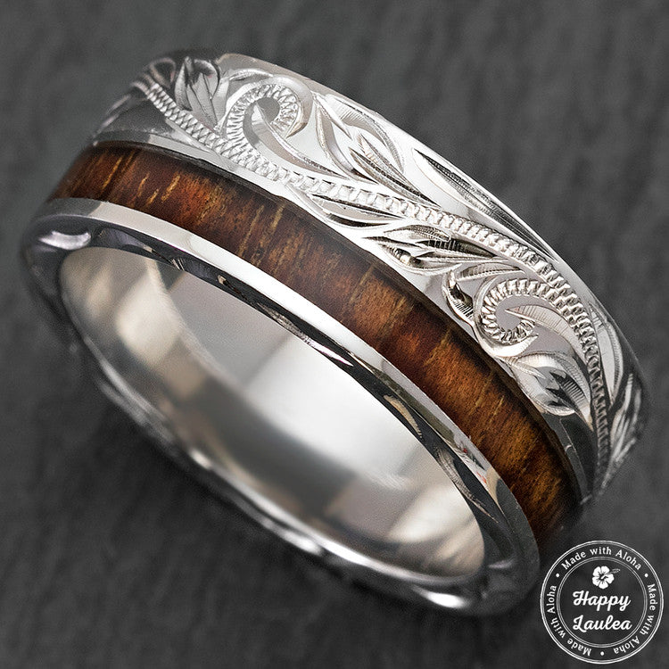 Sterling Silver Hand Engraved Ring with Offset Hawaiian Koa Wood Inlay