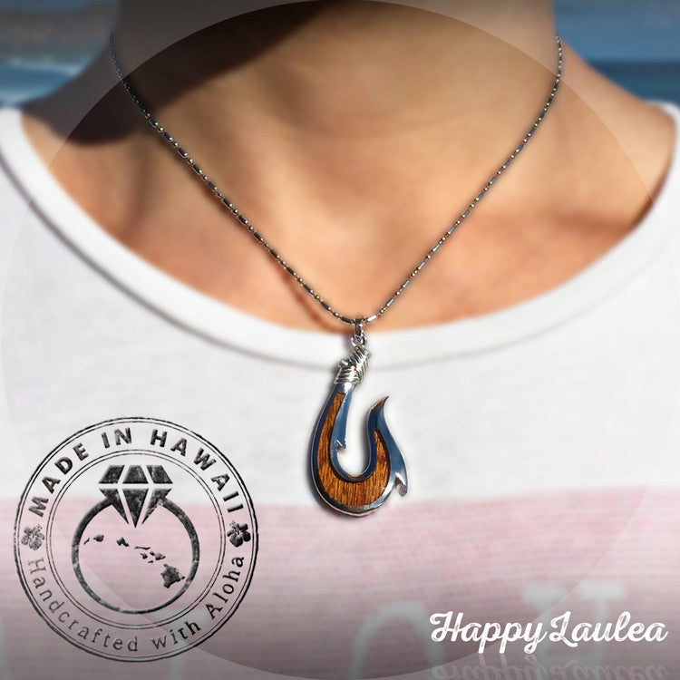 Sterling Silver Masculine Hawaiian Fish Hook Makau Necklace with Hawaiian Koa Wood Inlay Chain Included