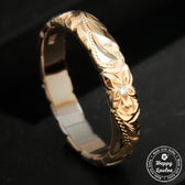 14K Gold Hand Engraved Wave Edge Ring With Hawaiian Old English Design