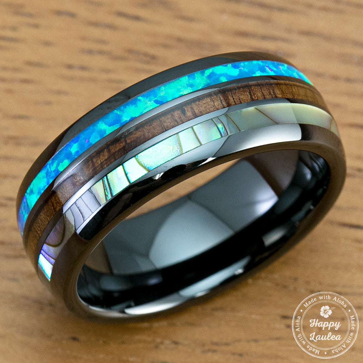 HI-TECH Black Ceramic Ring with Abalone Shell, Koa Wood & Opal Inlay - 8mm, Dome Shape, Comfort Fitment