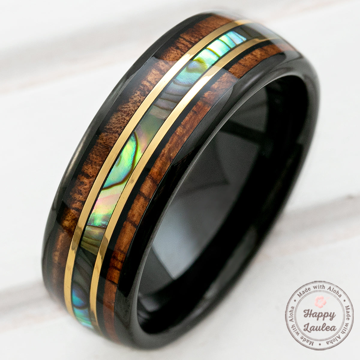 Black Tungsten with Gold Strip Ring with Abalone Shell & Hawaiian