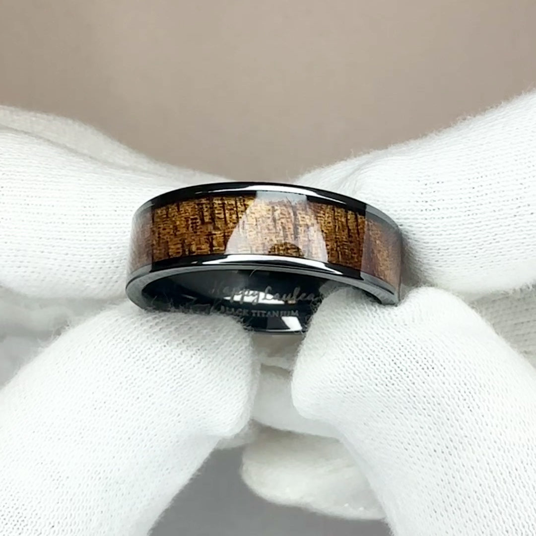 Black Titanium Ring [8mm width] Hawaiian Koa Wood