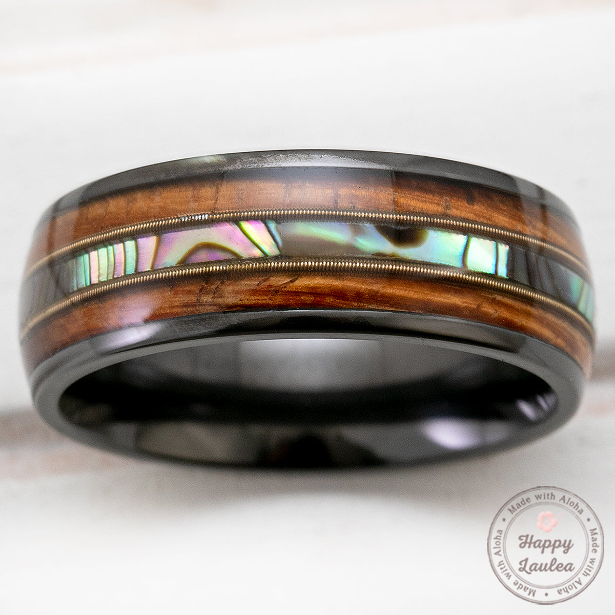 Black Zirconium Ring with Guitar String, Abalone Shell, & Koa Wood Tri-Inlay - 8mm, Dome Shape, Comfort Fitment