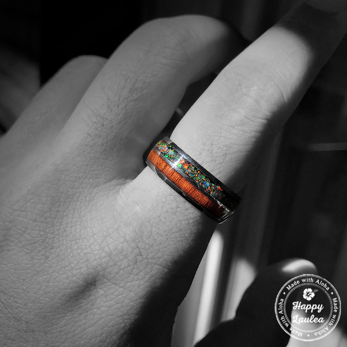 Tungsten Carbide Ring / Fire Opal & Hawaiian Koa Wood Inlay /  8mm /  Dome Shape / Comfort Fitment