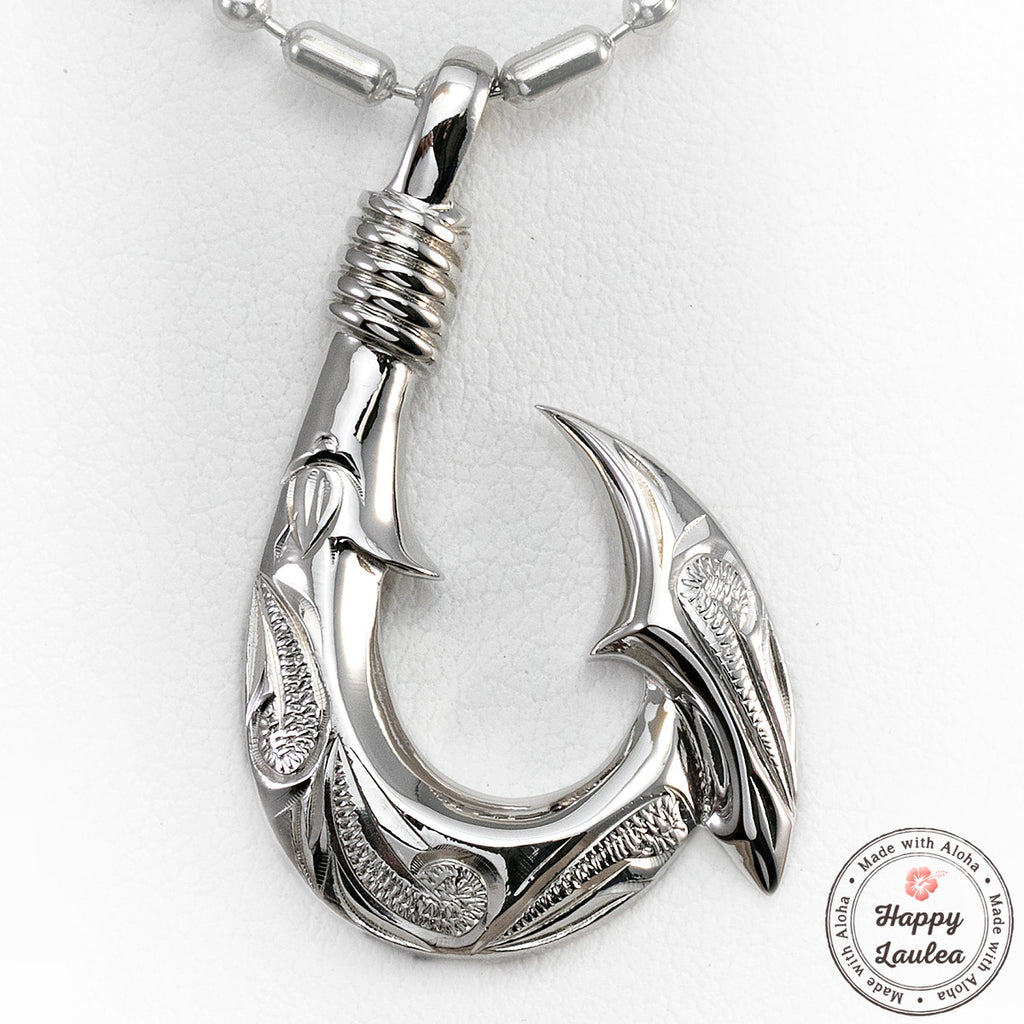 Hawaiian 3D X-Large Fish Hook Necklace, Sterling Silver 3D Fish Hook Pendant, Valentine Anniversary Birthday Gift