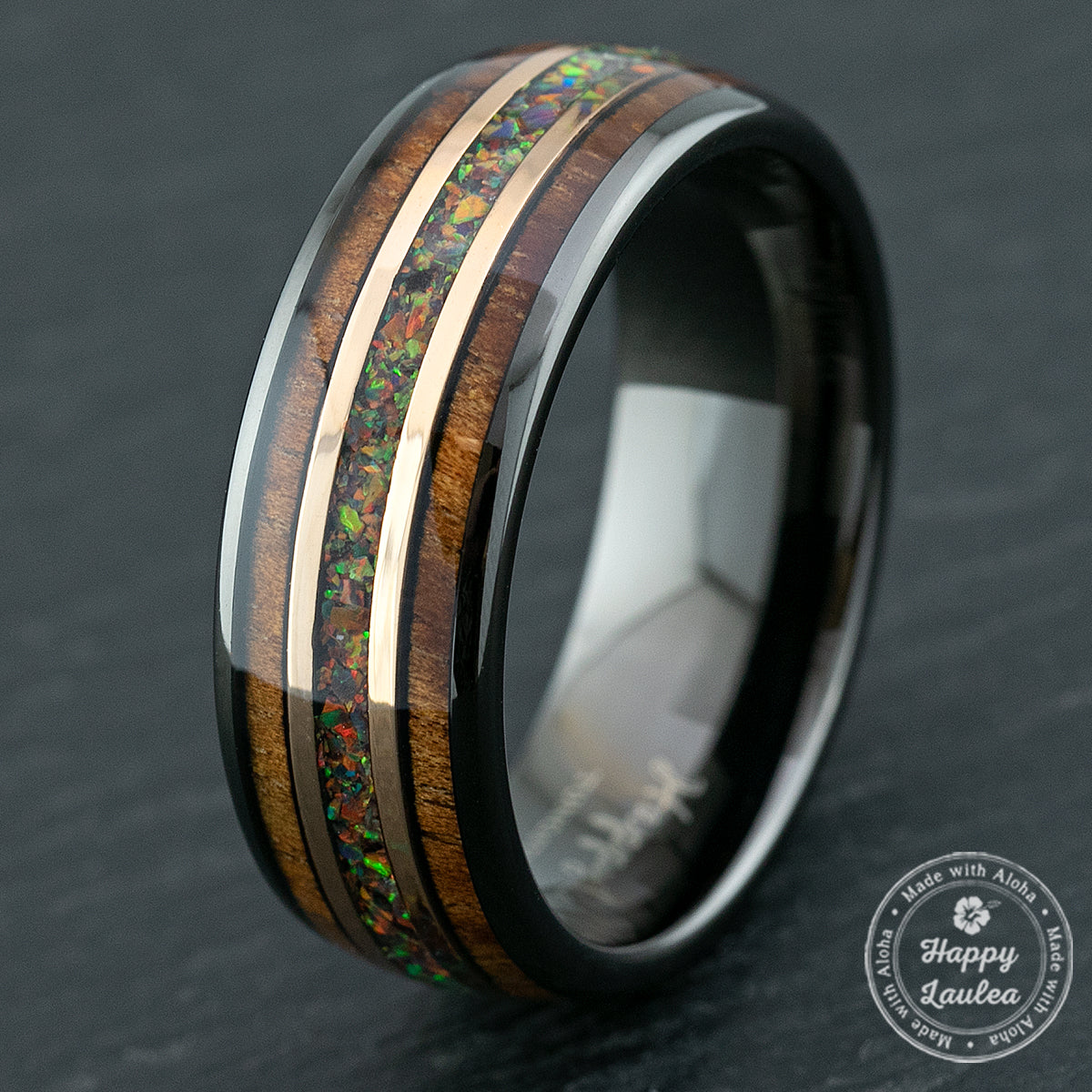 Gun Grey Tungsten Rose Gold Mid-Strip Ring with Fire Opal