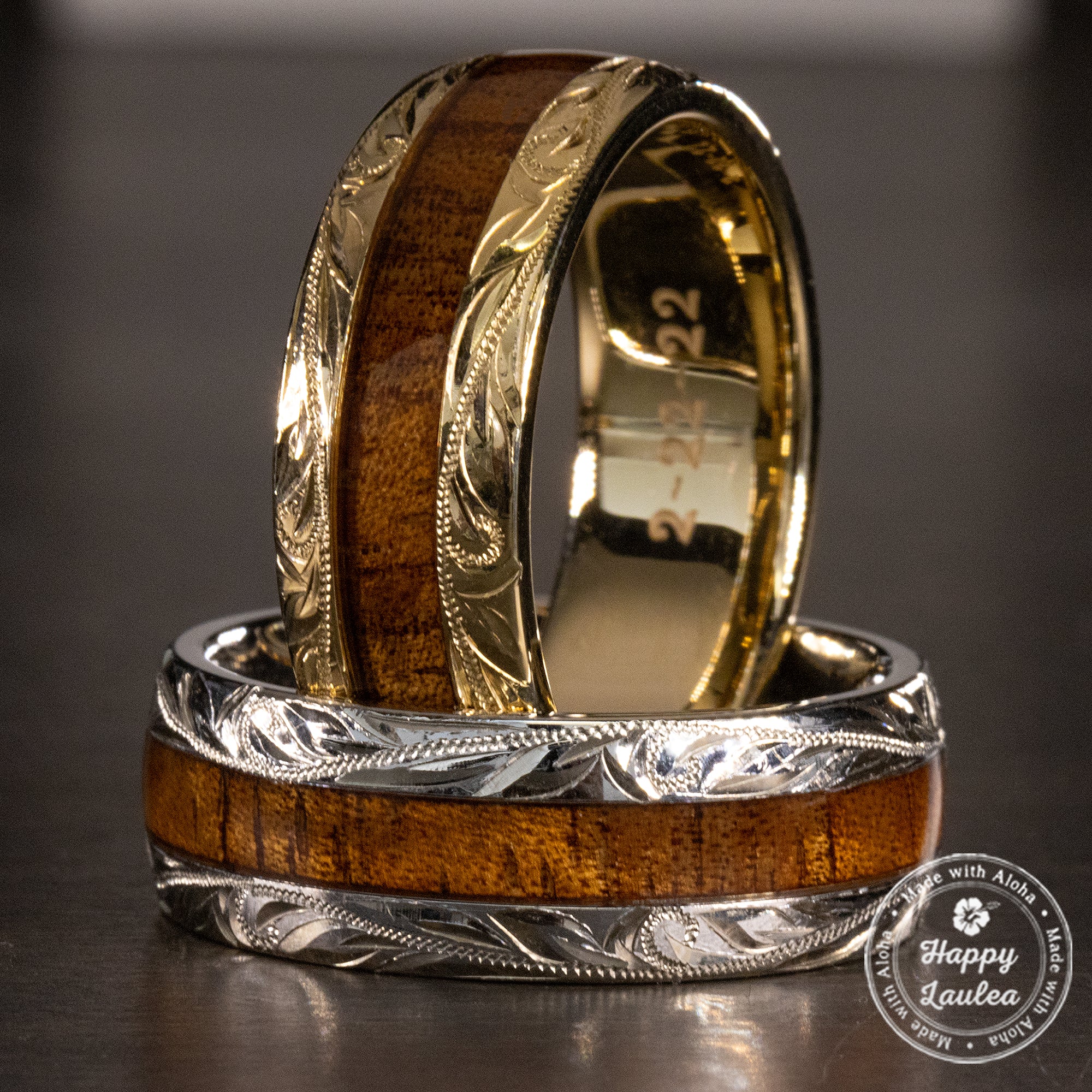 14K Gold Hand Engraved Ring [8mm width] Hawaiian Koa Wood Inlay