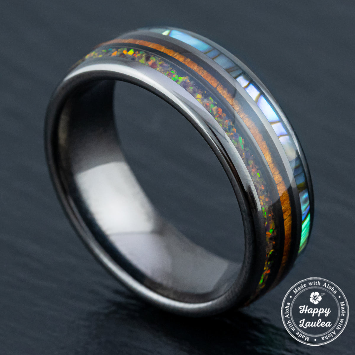 Gun Grey Tungsten Carbide Ring [8mm width] Abalone Shell, Fire Opal,