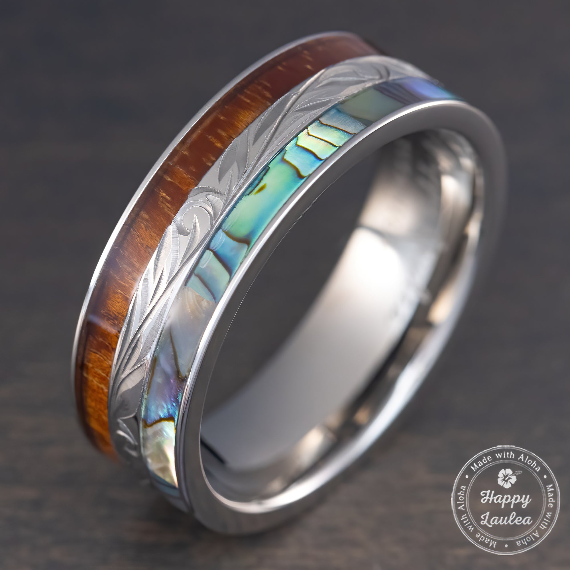 Titanium Hand Engraved Ring [8mm width] Abalone Shell