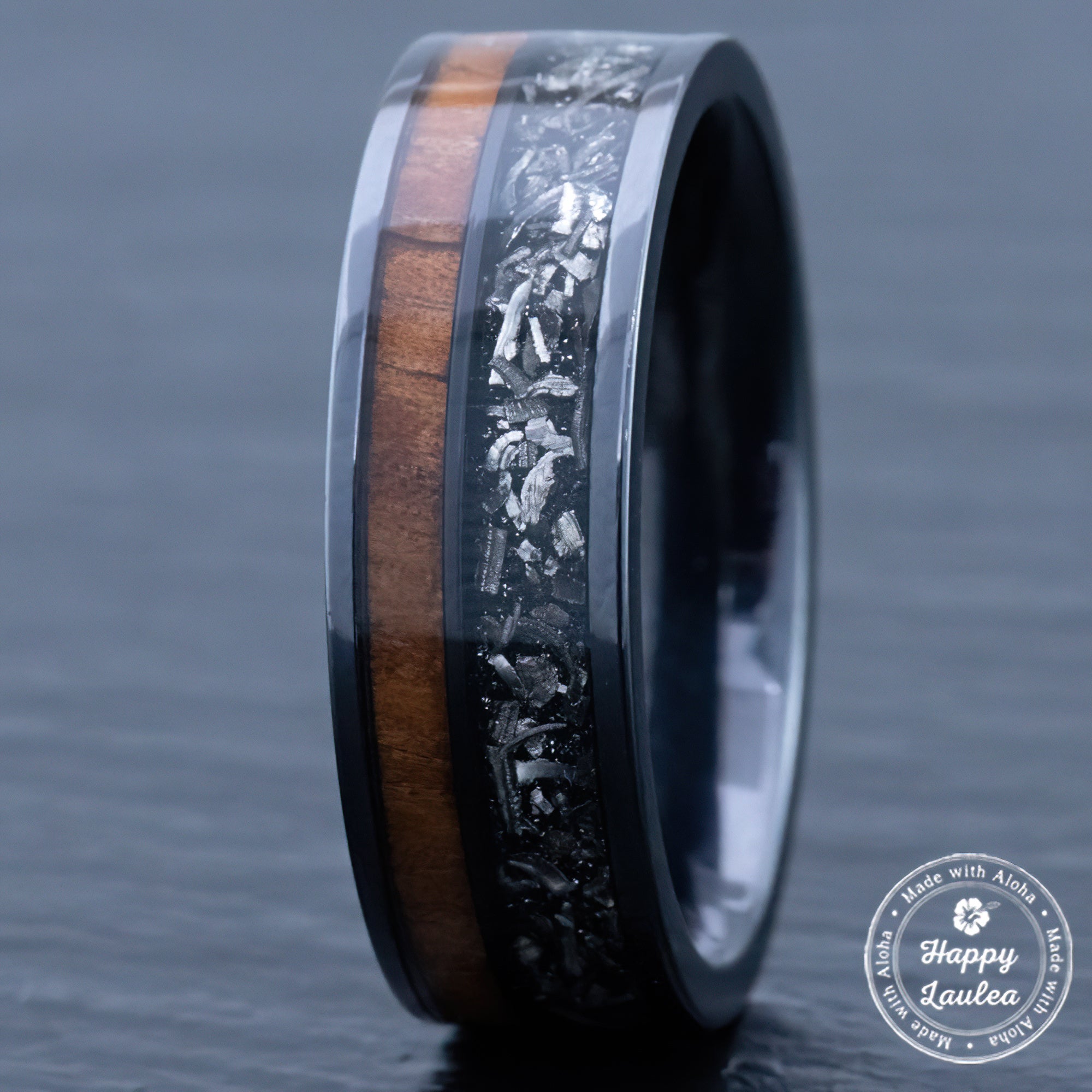 Black Titanium Ring 'Noho ʻana - Way of Life' [7mm width] Gibeon Meteorite & Hawaiian Koa Wood