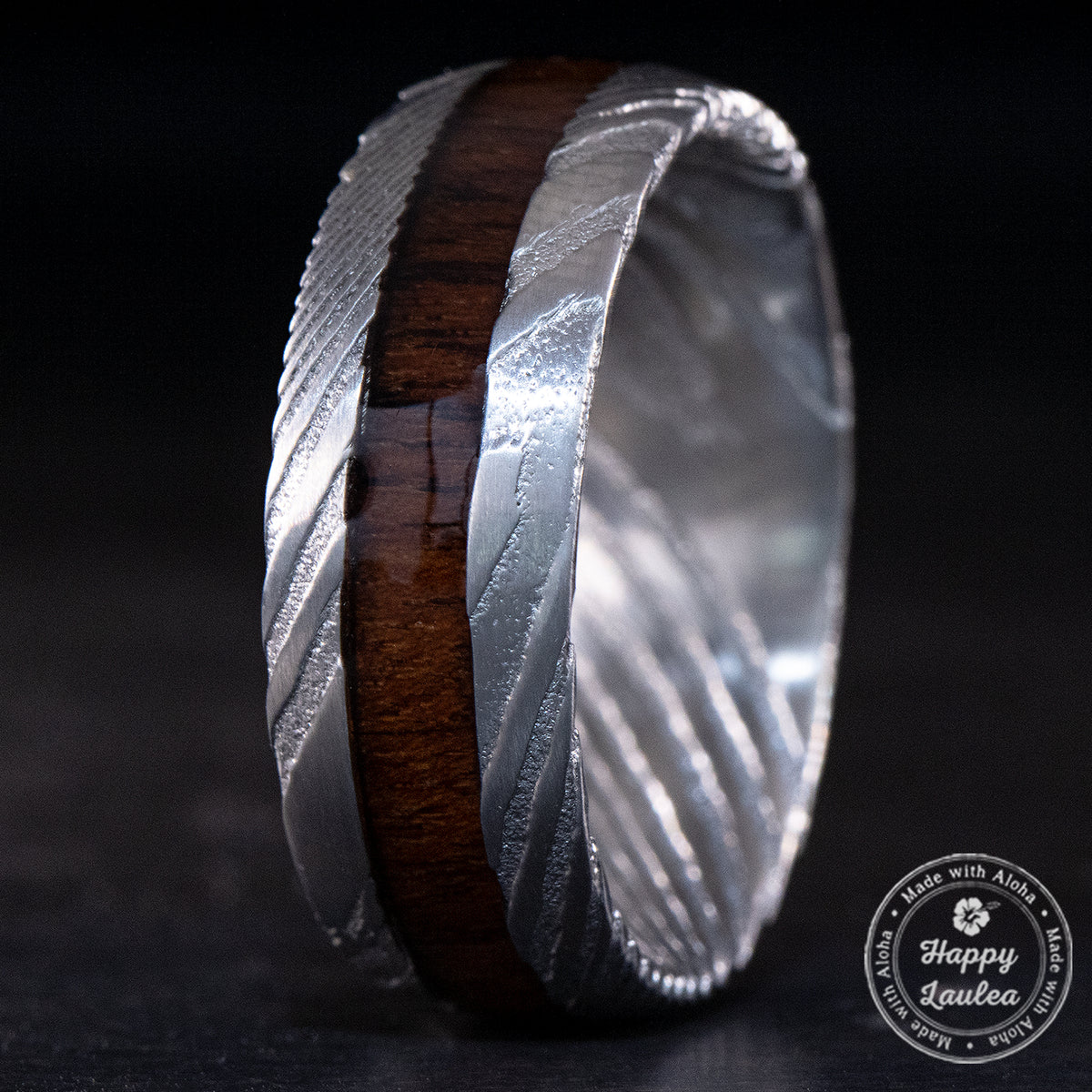 8mm Mens Wedding Band with Koa Wood Inlay and Damascus Steel Ring | Urban Designer 12.5