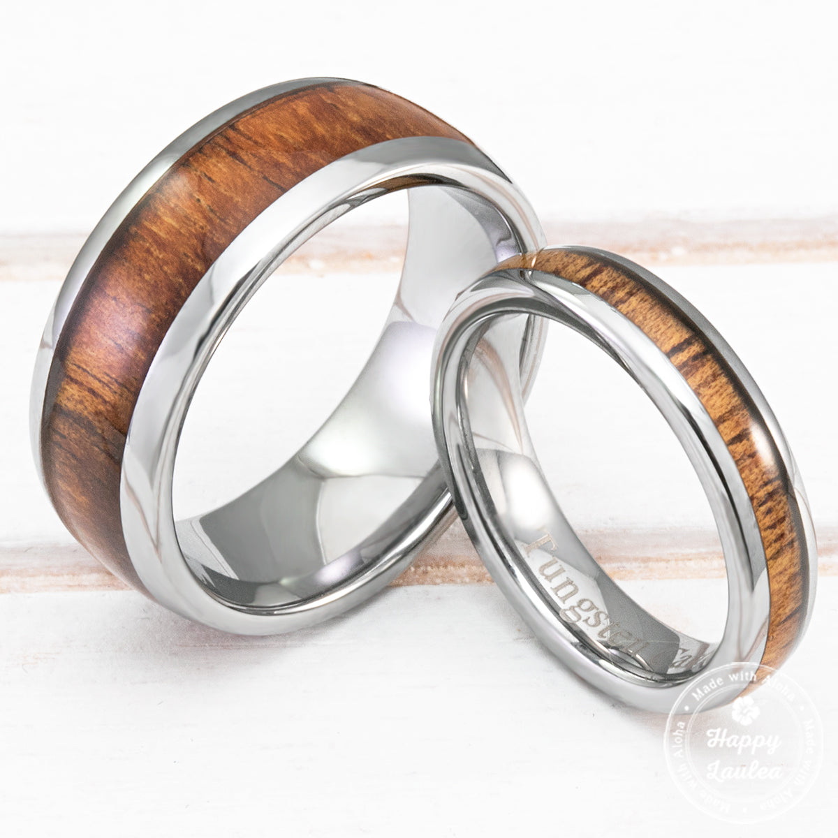 Pair of 4&8mm Tungsten Carbide Couple/Wedding Rings with Hawaiian Koa Wood Inlay - Dome Shape, Comfort Fitment