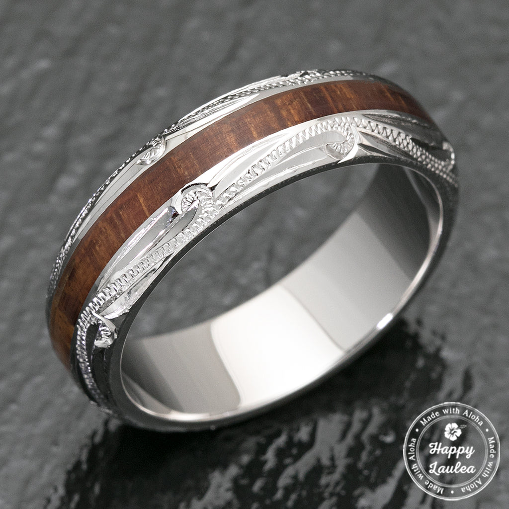 Sterling Silver 10mm Wide Width Hawaiian Jewelry Ring with Hawaii Koa Wood Duo Inlay - Flat Shape, Standard Fitment