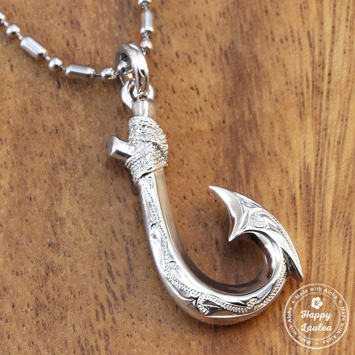Estate Handmade Sterling Silver Engraved Fisherman Hook Necklace 20”