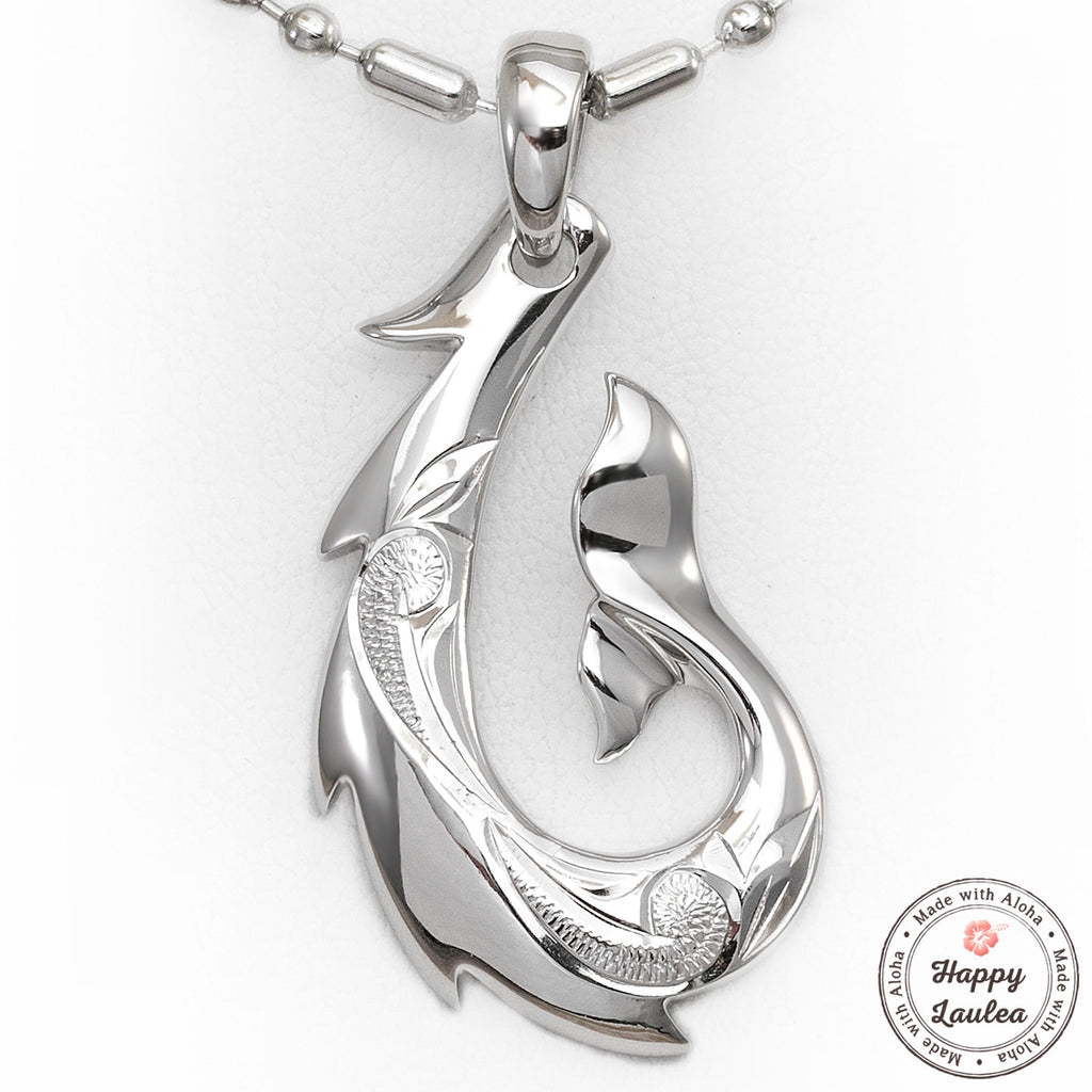 925 Silver Fish Hook Pendant with Hand Engraved Hawaiian Scroll Design