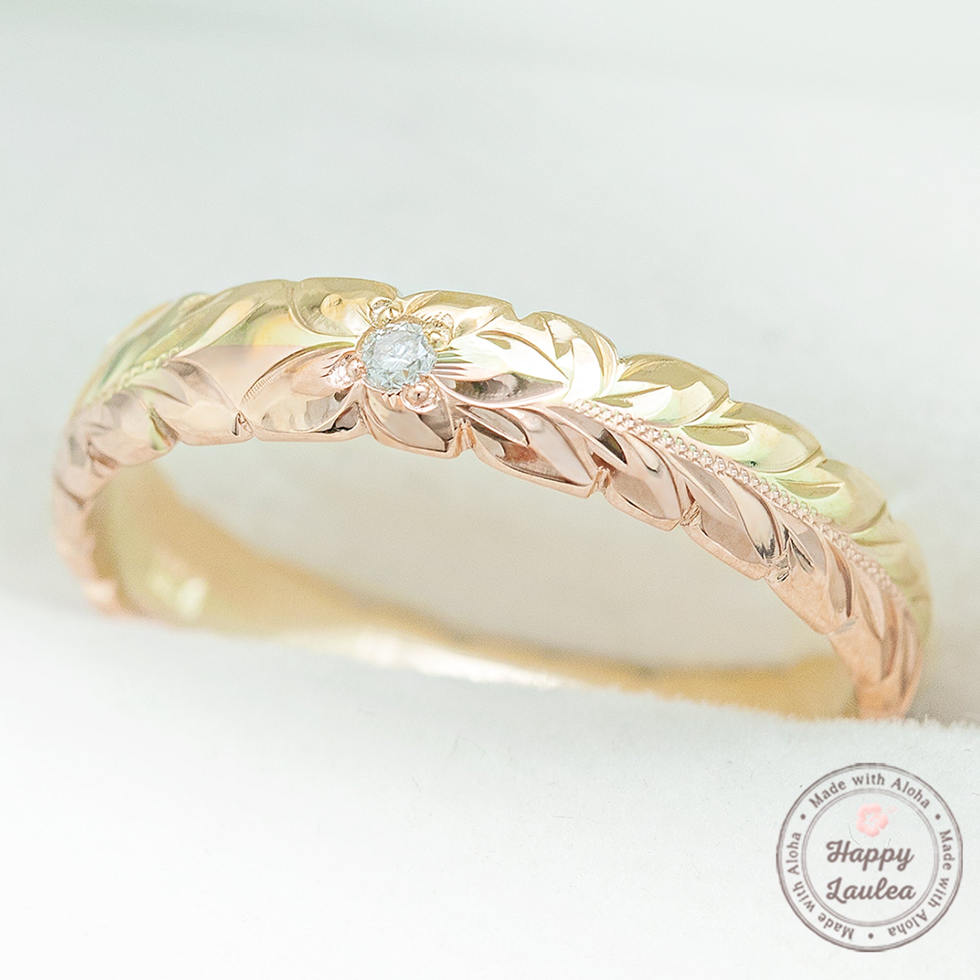 14K Solid Gold Two Color Maile Leaf Design Hawaiian Jewelry Ring with